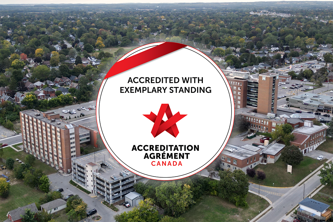 An aerial photo of Brantford General Hospital with the Accreditation Canada seal overlaid