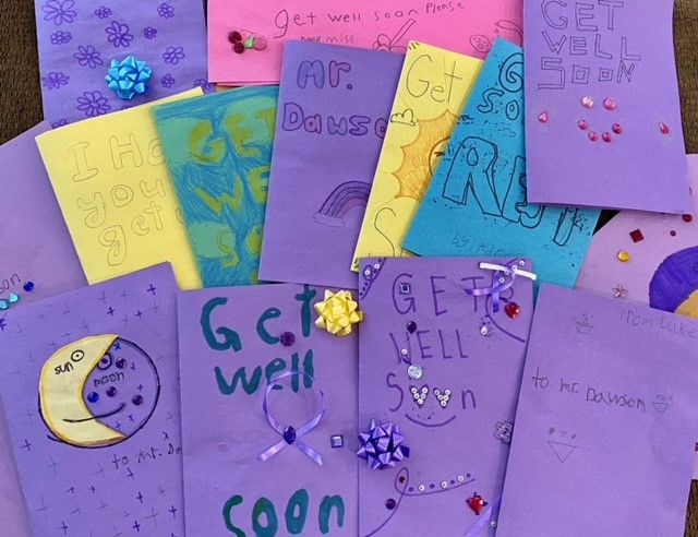 Handmade get well cards made by Zach Dawson’s former grade 5 placement class at St. Pius X Catholic Elementary School.